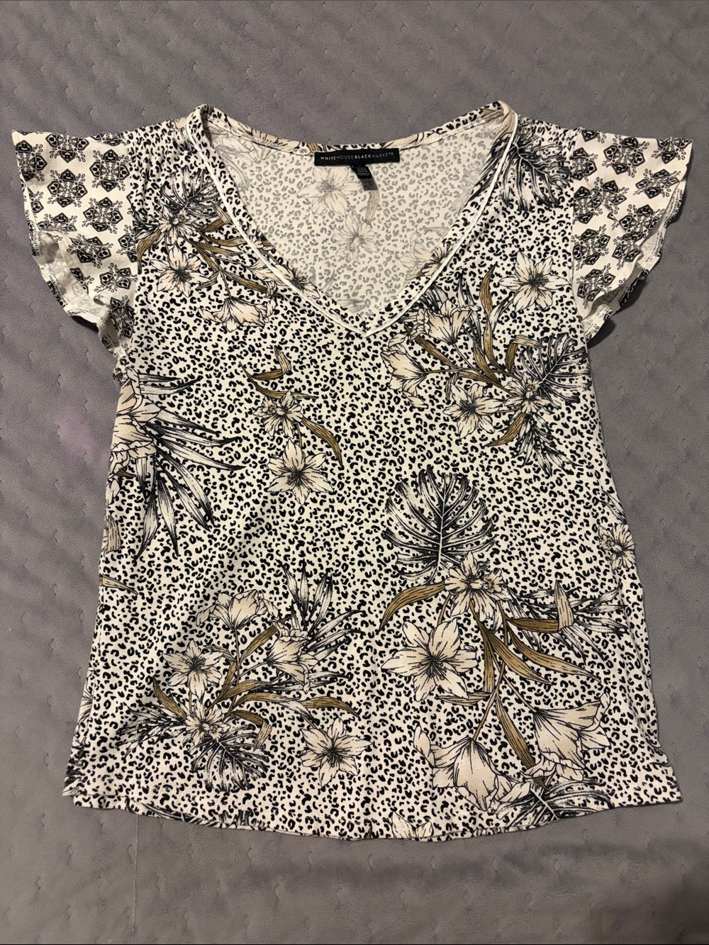 White House Black Market White, Black & Gold Floral V-Neck Flutter Sleeve Top